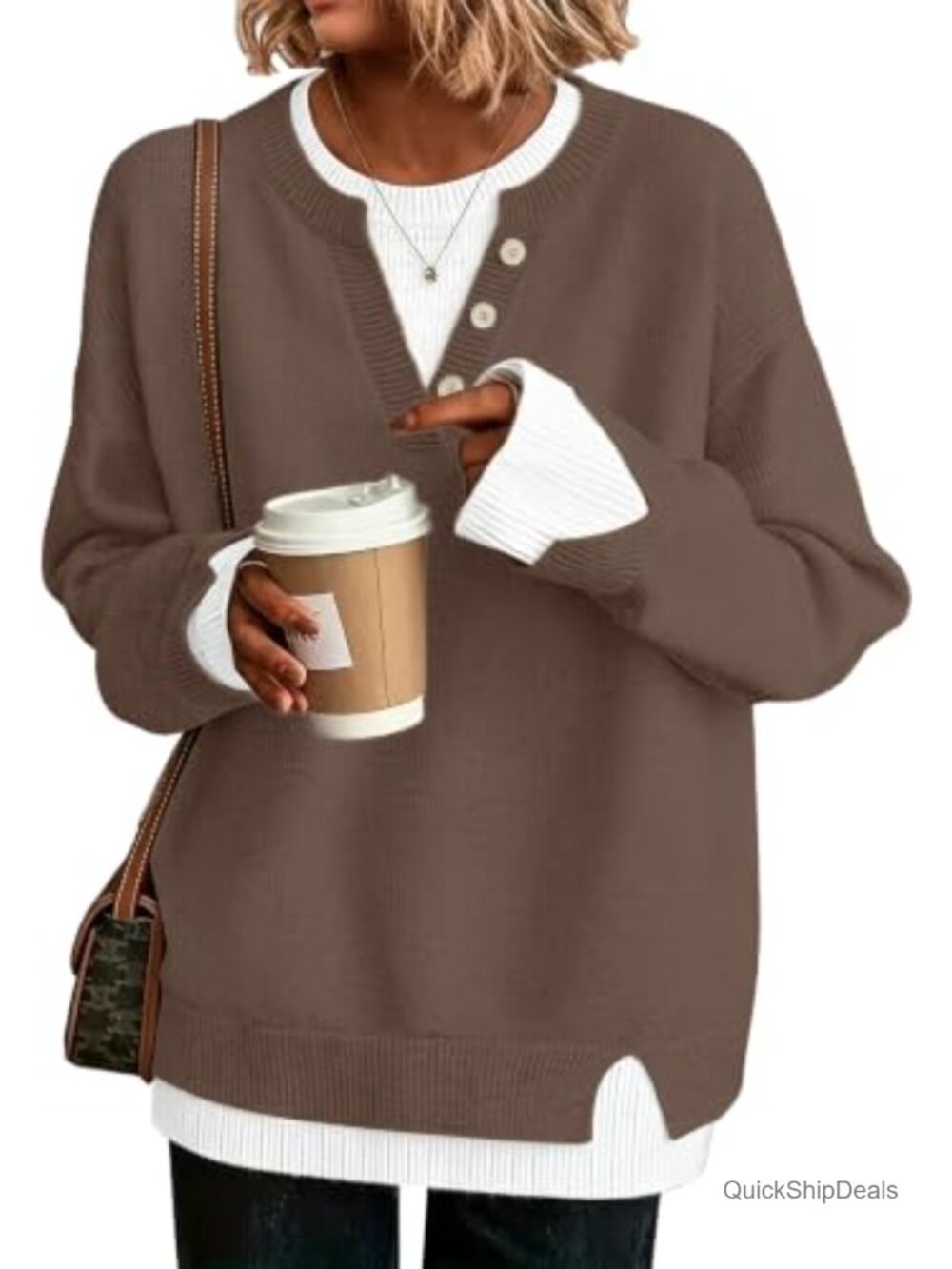 Womens Henley Sweater Pullover Viscose Blend Loose Fit Fall Work Top
